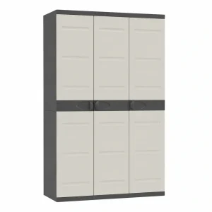 Armario de Almacenamiento de Resina con 3 Puertas y Estantes, Beige y Negro, para Interior y Exterior