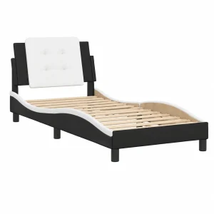Estructura de Cama Zadar, Diseño Curvado, Cuero Sintético Negro y Blanco, 90x200 cm