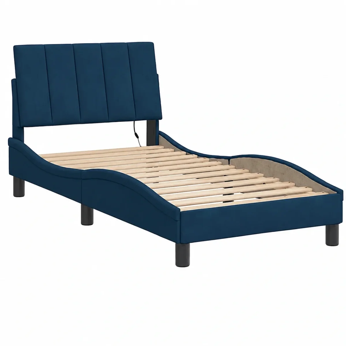 Cama de Terciopelo Azul con Luz LED, Base Curvada 90x200 cm