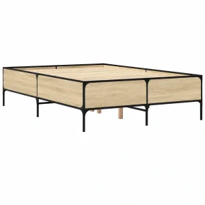 Cama Doble de Madera y Metal, Estilo Roble Sonoma, 150x200 cm