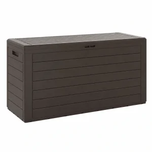 Baúl de Jardín de Plástico 280L con Tapa Abatible, Diseño Madera, Marrón