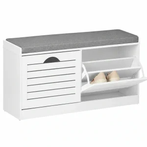 SoBuy Banco Zapatero con Asiento Ergonómico y Almacenamiento para 8 Pares de Zapatos, Diseño Compacto para Espacios Pequeños - Blanco, 97x30x47 cm