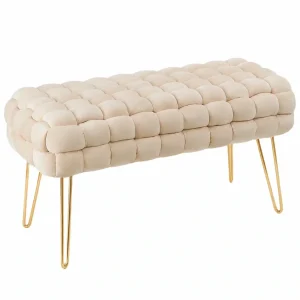 Banco de maquillaje de terciopelo beige con patas doradas, otomano rectangular elegante
