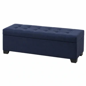 Puf otomano de lino azul con almacenaje, madera maciza, para dormitorio y sala de estar