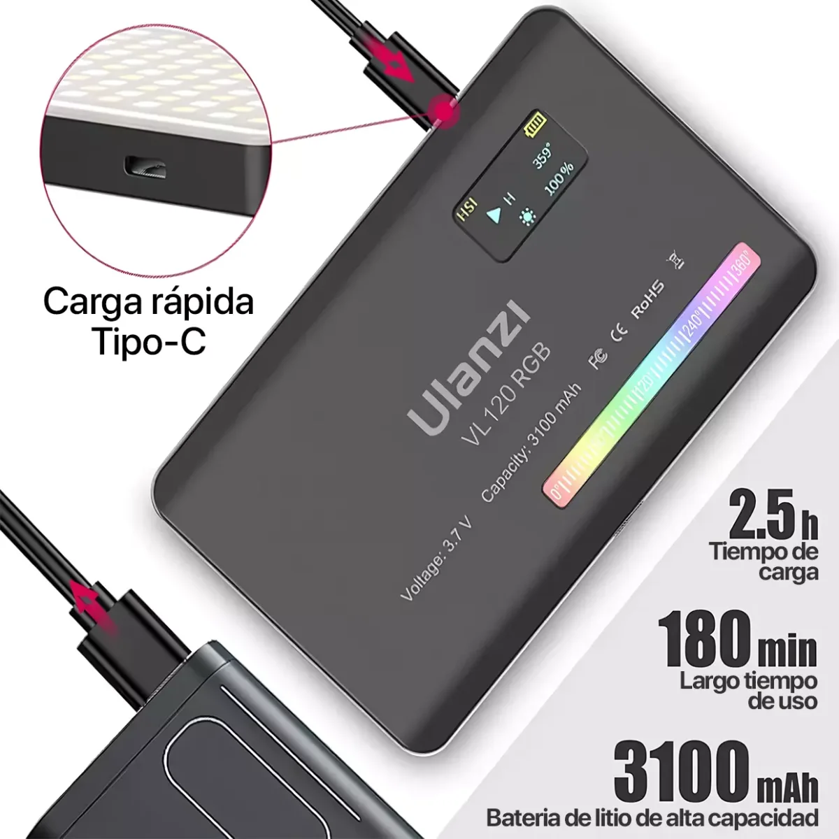 Luz Led Rgb Ulanzi VL120 + Ventosa con adaptador perno 1/4″ + Filtro difuminador - Imagen 4