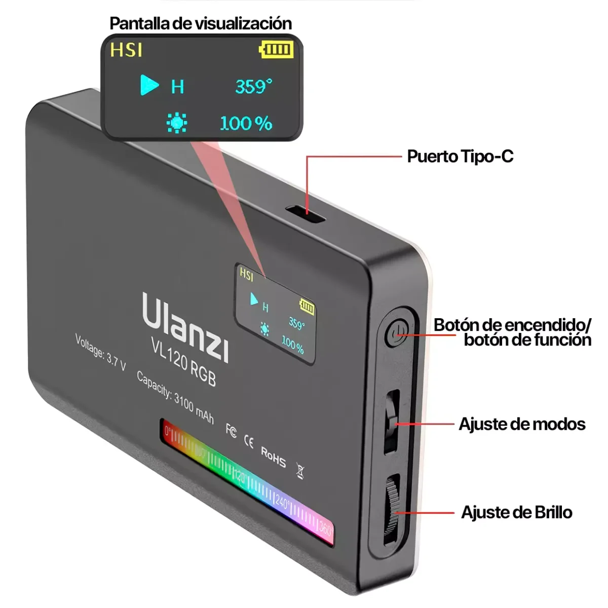 Luz Led Rgb Ulanzi VL120 + Ventosa con adaptador perno 1/4″ + Filtro difuminador - Imagen 5